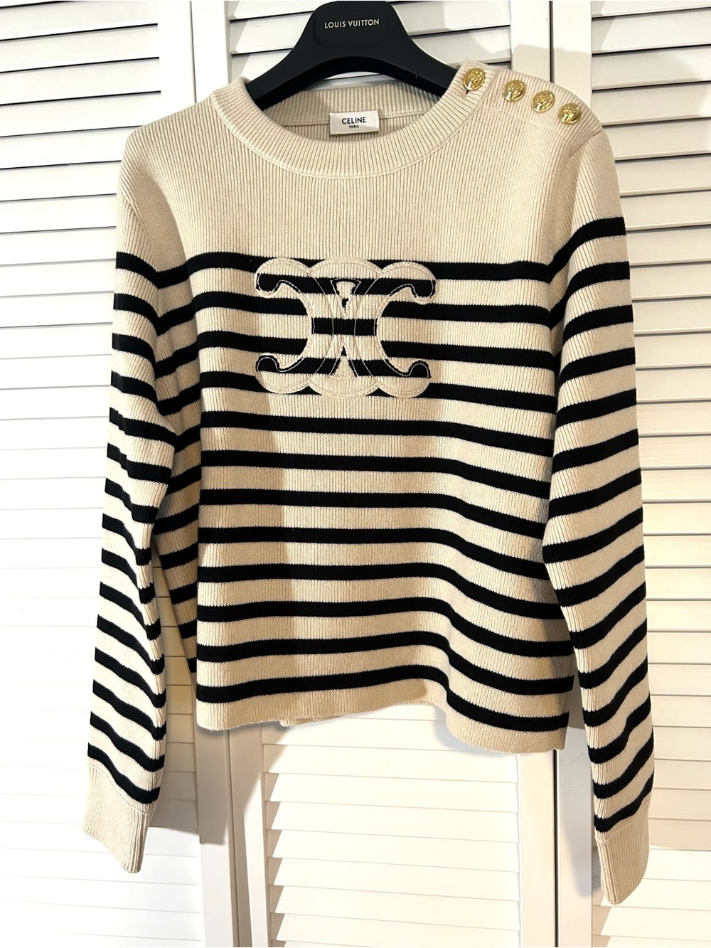 Celine Cream and Black Striped Crewneck Sweater with Gold Buttons NEW WITH TAGS